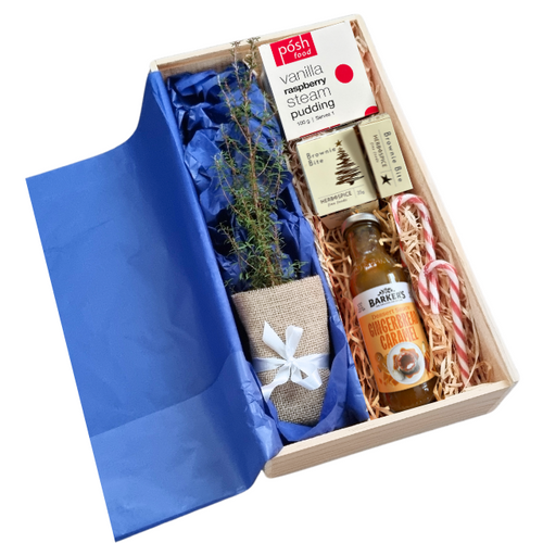 Wooden gift hamper box with native tree and Christmas themed food products