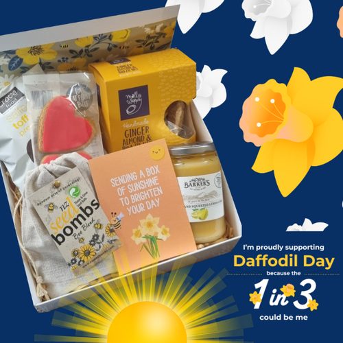 Daffodil Day themed gift box with food and wildflower seeds to grow