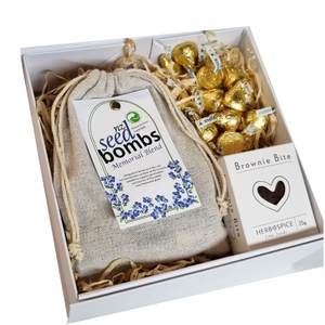 Gift box with memorial flower forget me not seeds, Hersheys kisses and chocolate brownie.