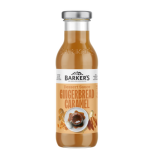 Bottle of Gingerbread Caramel Dessert Sauce by Barkers NZ on white background.