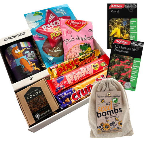 White gift box with goodnight kiwi keep cup, NZ lollies and wildflower seed bombs