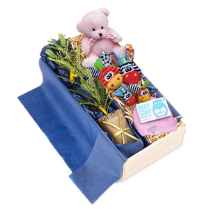 Native NZ tree with baby teddy bear, activity rattles, soap and wash cloth in wooden gift box
